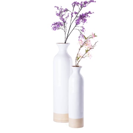 Uniquewise Cylinder Shaped Tall Spun Bamboo Floor Vase Glossy White Lacquer and Natural Bamboo Finish, PK 2 QI003455WN.2
